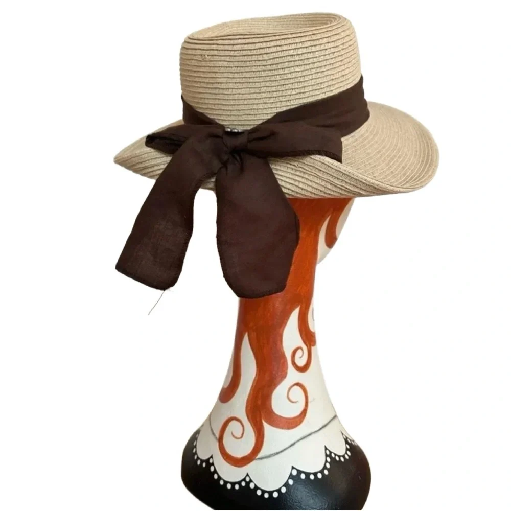 KALLINA ~ Women’s Neutral color beach or garden hat brown ribbon accent OS